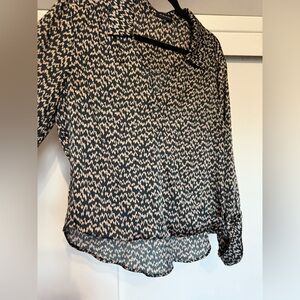 Pleione Dark Green/Cream Silky Print Blouse. Faux Wrap Front.  Large